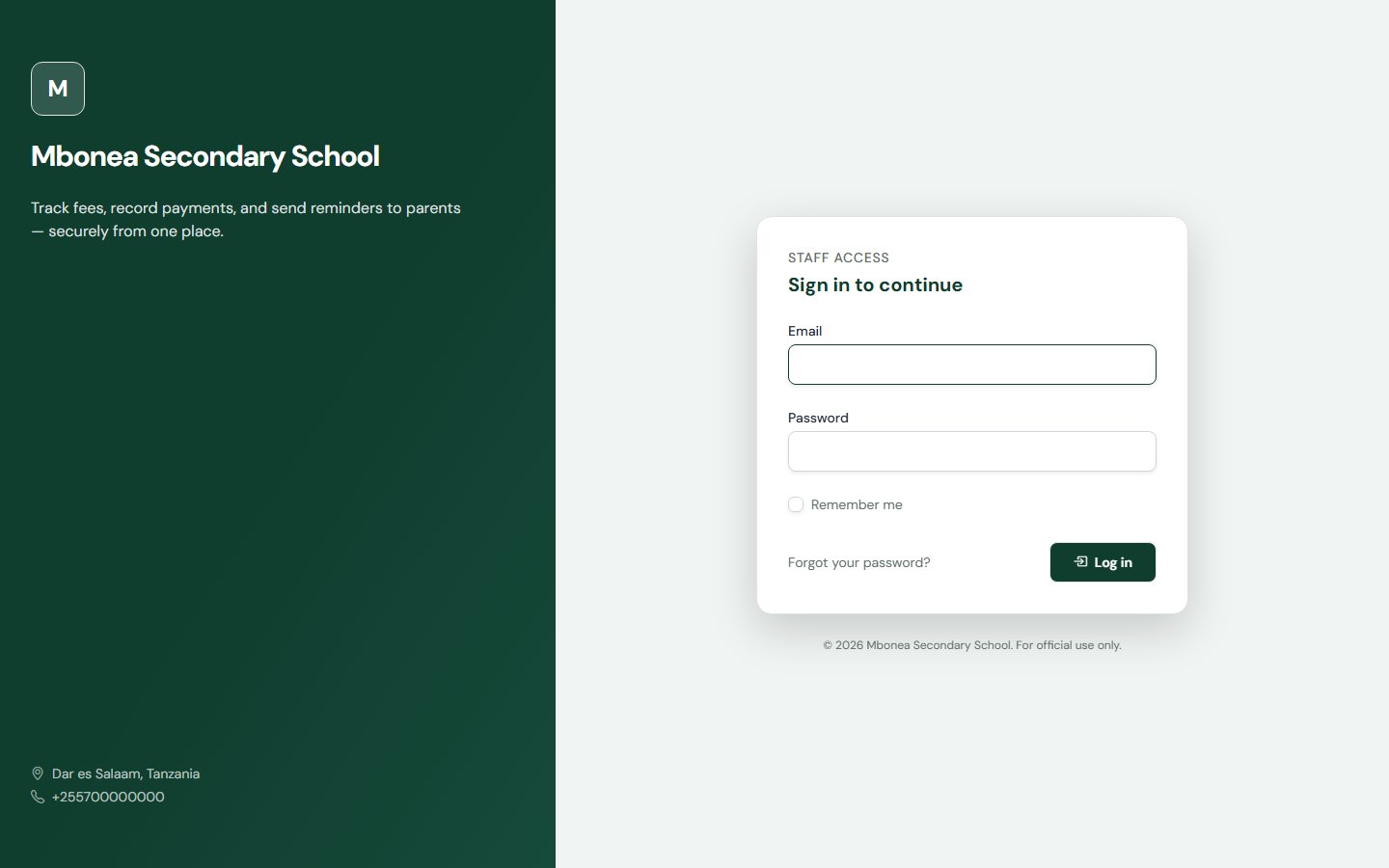 Fee Tracking and Reminder System login for Mbonea Secondary School
