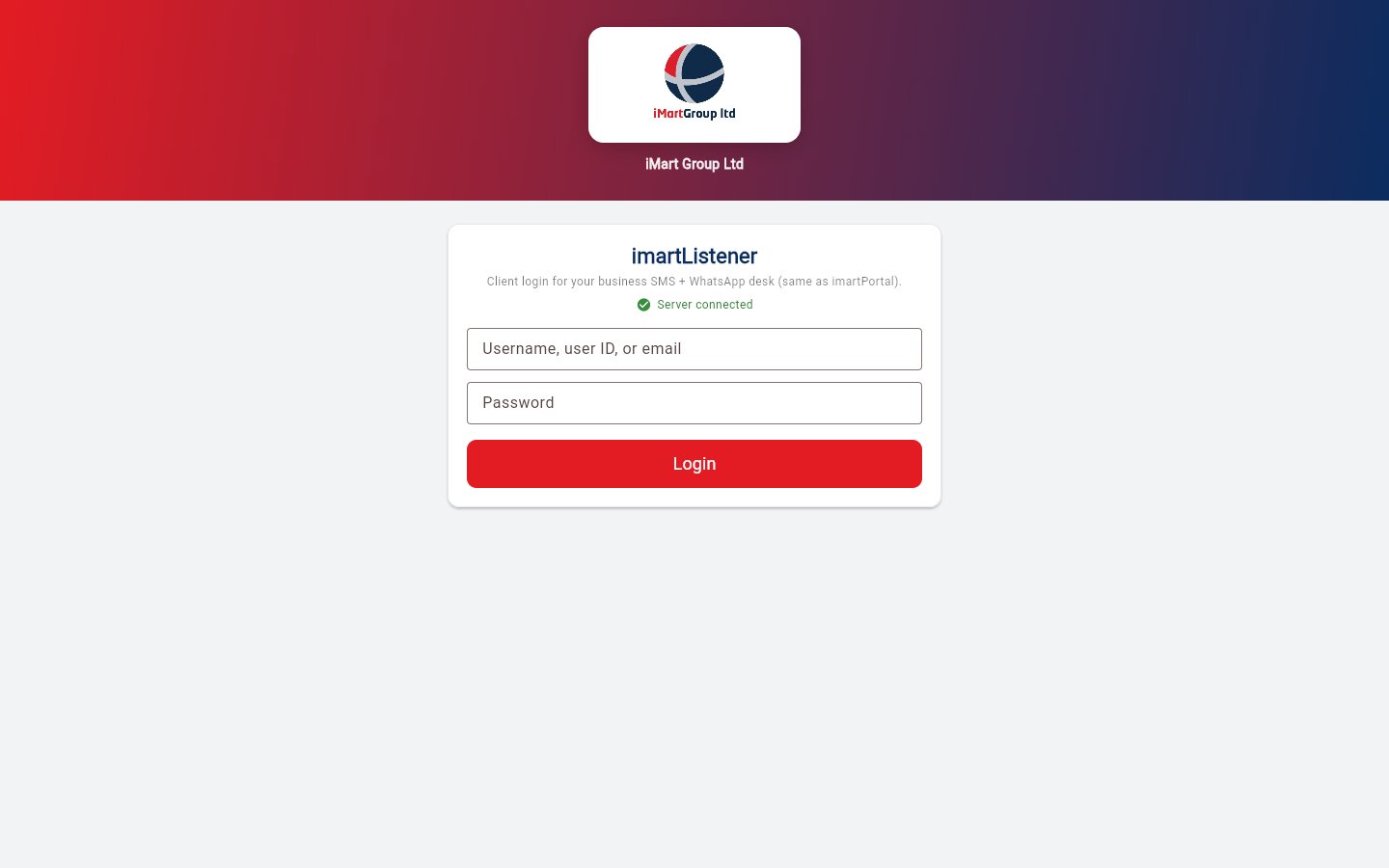 imartListener Flutter app login for iMart SMS and WhatsApp business desk
